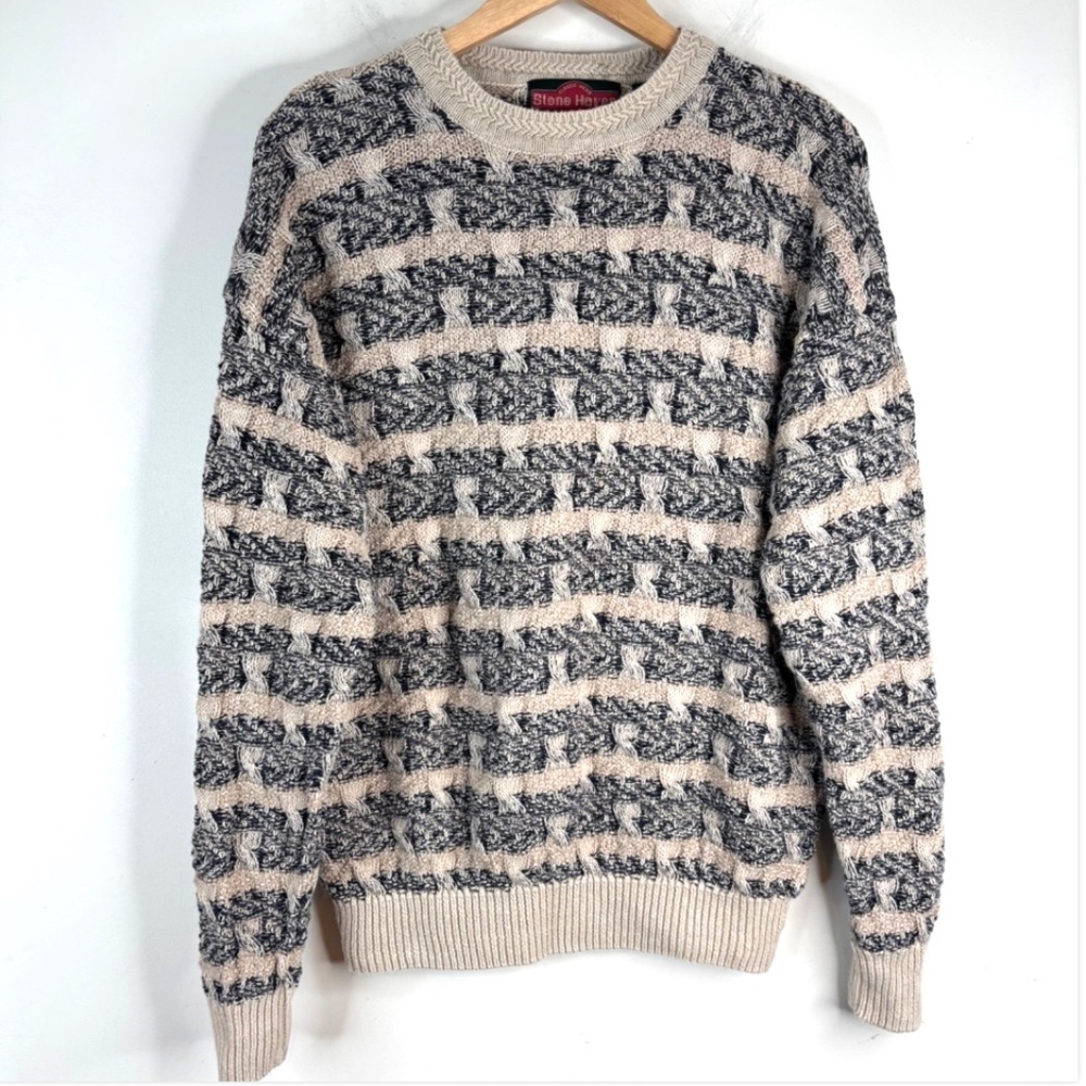 VTG 90s Stone Haven 3D Knit Sweater M Grandpa Retro Grunge Cosby Beige Neutral